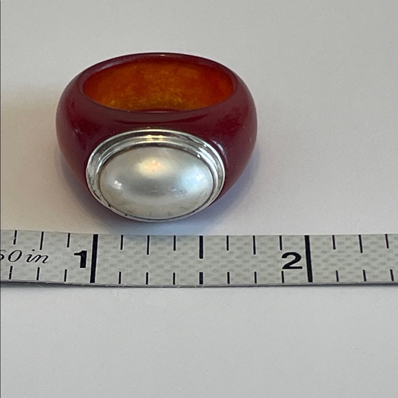 Genuine Red Jade Ring With Mabe Pearl In 925 Sterling Silver Bezel Setting - Picture 10 of 16